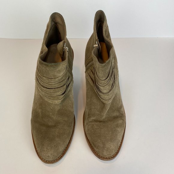 Loeffler Randall Ankle Booties 9 Khaki Green Gray Suede Leather Stacked Heel - Picture 7 of 16